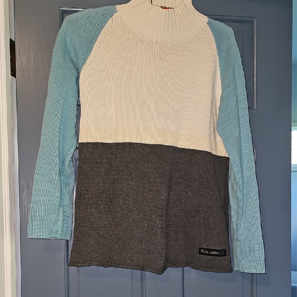 VINTAGE Polo Ralph Lauren Sweater Blue White Gray Medium 80s Retro